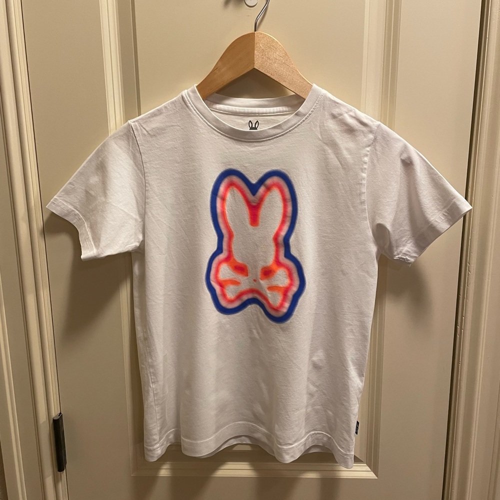 Kids Psycho Bunny White Tee with Bright neon Pink and Blue Outline. Size:M 10/12